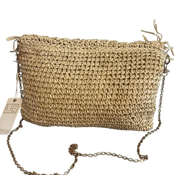 Urban Expressions Woven Straw Clutch Crossbody Floral GoldTone Chain Cream New - Picture 2 of 6